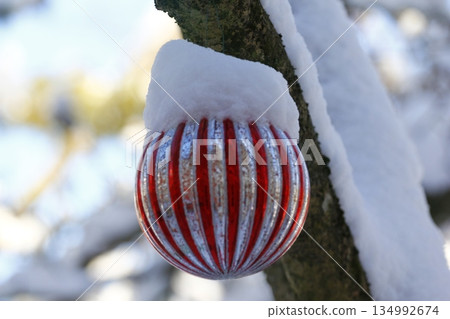 Large, Snow-Covered Christmas Ornament on a Outdoor Tree Large, Snow-Covered Christmas Ornament on a Outdoor Tree 134992674