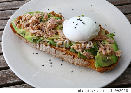 homemade breakfast with bread salmon ham eggs or chocolate in the morning homemade breakfast with bread salmon ham eggs or chocolate in the morning 134992698