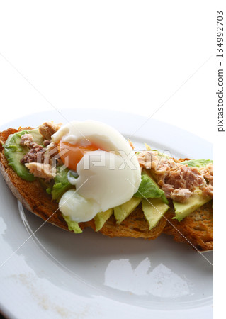 homemade breakfast with bread salmon ham eggs or chocolate in the morning homemade breakfast with bread salmon ham eggs or chocolate in the morning 134992703