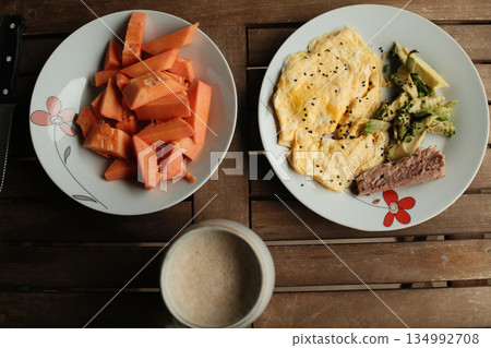 homemade breakfast with bread salmon ham eggs or chocolate in the morning 134992708