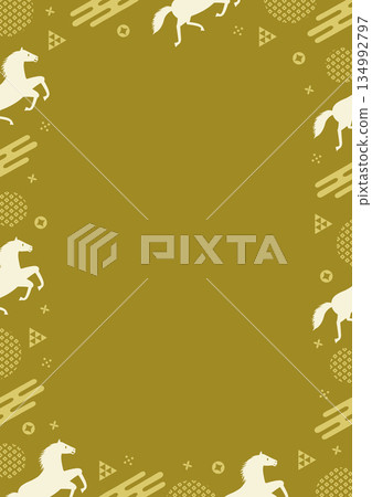 A pop frame with a running horse and Japanese patterns, inspired by the Year of the Horse, yellow 134992797