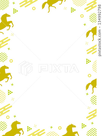 以奔馬和日式圖案為主題的流行風格相框,靈感來自馬年,白色背景,綠色 以奔馬和日式圖案為主題的流行風格相框,靈感來自馬年,白色背景,綠色 134992798