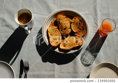 homemade breakfast with bread salmon ham eggs or chocolate in the morning homemade breakfast with bread salmon ham eggs or chocolate in the morning 134992888