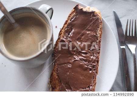 homemade breakfast with bread salmon ham eggs or chocolate in the morning homemade breakfast with bread salmon ham eggs or chocolate in the morning 134992890