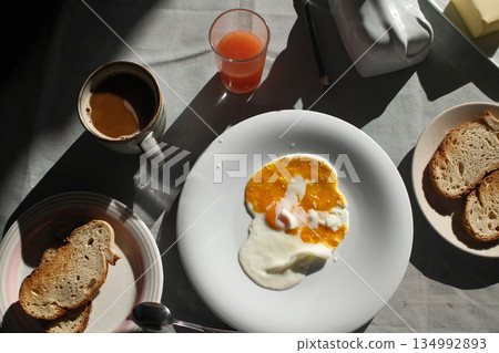 homemade breakfast with bread salmon ham eggs or chocolate in the morning homemade breakfast with bread salmon ham eggs or chocolate in the morning 134992893
