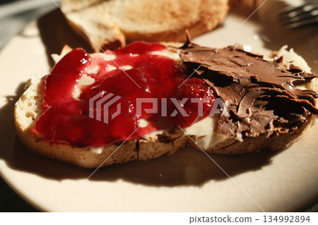 homemade breakfast with bread salmon ham eggs or chocolate in the morning homemade breakfast with bread salmon ham eggs or chocolate in the morning 134992894