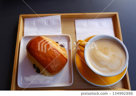 homemade breakfast with bread salmon ham eggs or chocolate in the morning homemade breakfast with bread salmon ham eggs or chocolate in the morning 134992898