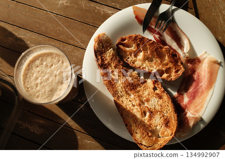 homemade breakfast with bread salmon ham eggs or chocolate in the morning homemade breakfast with bread salmon ham eggs or chocolate in the morning 134992907