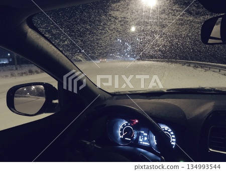 Ice And Snow On The Frozen Windshield Of Car On The Night Road   134993544