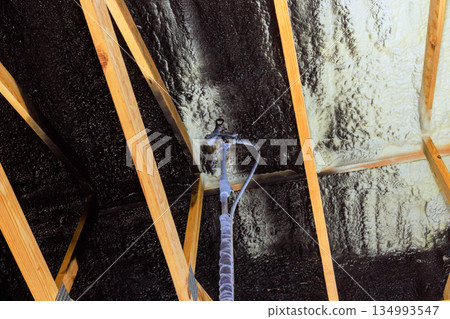 Wooden ceiling framing covered with black paint after insulation application. 134993547