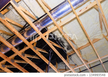 Construction workers spraying black paint on ceiling joists with foam insulation underneath. Construction workers spraying black paint on ceiling joists with foam insulation underneath. 134993548