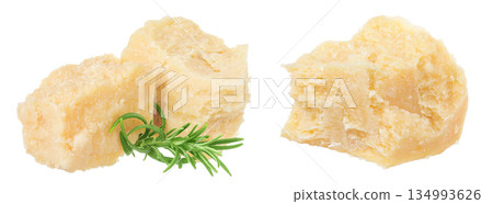 Pieces of parmesan cheese with rosemary isolated on white background Pieces of parmesan cheese with rosemary isolated on white background 134993626