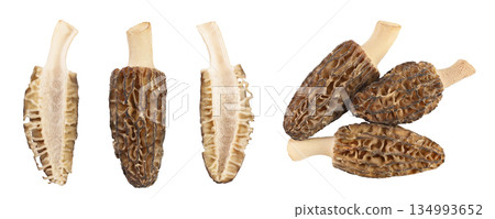 raw morel mushroom isolated on white background with full depth of field. Top view. Flat lay. raw morel mushroom isolated on white background with full depth of field. Top view. Flat lay. 134993652