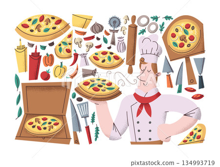 Hand drawn stickers collection of whole pizza, slices, toppings ingredients and chef character Hand drawn stickers collection of whole pizza, slices, toppings ingredients and chef character 134993719