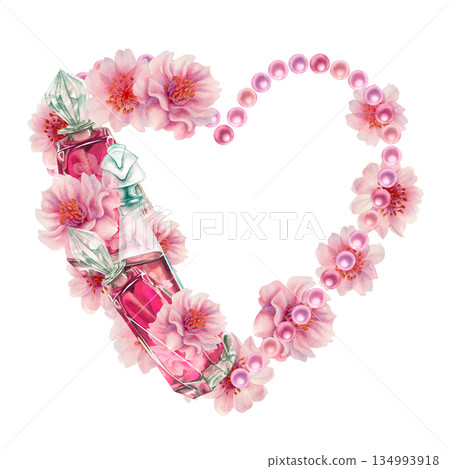 Pink floral hearts of cherry blossoms, glass perfume, pearls. Watercolor illustration templates for weddings, Valentine's Day, Mother's Day, birthdays, Hanami, frames, borders, postcards, greetings, 134993918