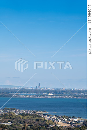 Aerial view of Lake Hamana and Hamamatsu City with Kosai City in Shizuoka Prefecture in the foreground Aerial view of Lake Hamana and Hamamatsu City with Kosai City in Shizuoka Prefecture in the foreground 134994045