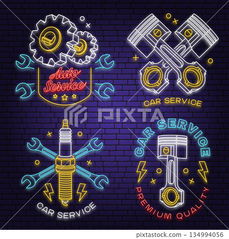 Set of auto service logos, emblems, badges in neon style. Vector. Service car repair, restoration and car club design. Auto repair emblem sign, night bright advertising car service Set of auto service logos, emblems, badges in neon style. Vector. Service car repair, restoration and car club design. Auto repair emblem sign, night bright advertising car service 134994056