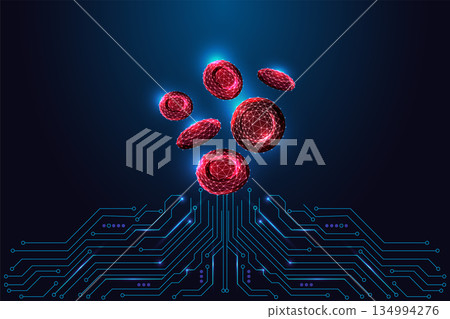 Digital Erythrocytes Over Circuit Board. AI Hematology, Biotech and Medtech Innovation Vector 134994276