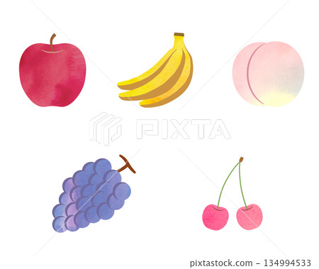 使用水彩紋理繪製的水果插圖（蘋果、香蕉、桃子、葡萄、櫻桃） 134994533