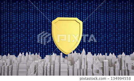 Cybersecurity Shield Protecting Digital City Infrastructure 3d render. 134994558