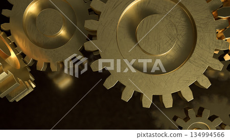 Golden Mechanical Gears Concept Representing Industry Engineering and Business Efficiency 3d render. 134994566