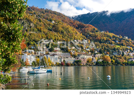 瑞士沃州蒙特勒湖畔長廊上色彩繽紛的秋葉。 134994923