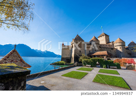 Medieval fortress Château de Chillon on an island in Lake Geneva, Veytaux, canton of Vaud, Switzerland 134994937