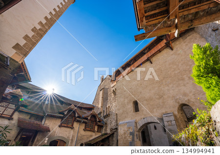 Chillon Castle's wooden gallery and inner courtyard with towers, Veytaux, canton of Vaud, Switzerland Chillon Castle's wooden gallery and inner courtyard with towers, Veytaux, canton of Vaud, Switzerland 134994941