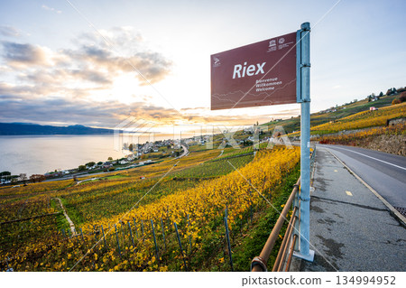 Welcome sign for the village of Riez in the UNESCO World Heritage vineyards of Lavaux. Riez, canton of Vaud, Switzerland Welcome sign for the village of Riez in the UNESCO World Heritage vineyards of Lavaux. Riez, canton of Vaud, Switzerland 134994952
