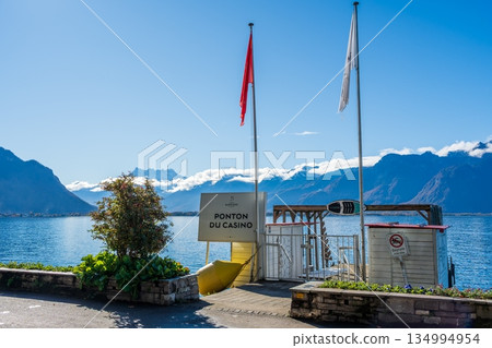 Casino pier sign on Lake Geneva, Montreux, canton of Vaud, Switzerland Casino pier sign on Lake Geneva, Montreux, canton of Vaud, Switzerland 134994954