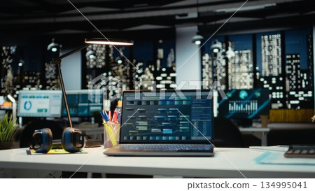 Empty boardroom in a multinational company displays digital charts, insights and analytics on computer screens. Corporate space embodies professional vision, strategy and business development. Empty boardroom in a multinational company displays digital charts, insights and analytics on computer screens. Corporate space embodies professional vision, strategy and business development. 134995041