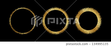 Set of golden round frames with grainy texture. Gold circular shapes with glitter, scatter or mezzotint effect borders isolated on black background. Solar eclipse silhouettes. Vector illustration 134995135