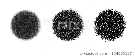 Round shapes with ash, dust or black powder texture isolated in white background. Circular forms with noise, spray or grain effect. Circles in speckle, scatter or mezzotint style. Vector illustration 134995137