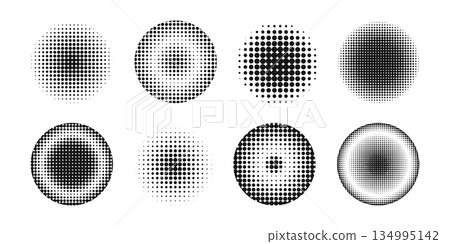 Set of round frames and concentric circles with polka dot texture. Circular shapes with noise, mosaic or grain comic cartoon visual effect isolated on white background. Vector graphic illustration Set of round frames and concentric circles with polka dot texture. Circular shapes with noise, mosaic or grain comic cartoon visual effect isolated on white background. Vector graphic illustration 134995142