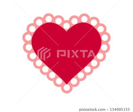 Paper or textile red heart shape with ruffles borders. Template for Valentine Day card, tag or label with lace edges isolated on white background. Vector flat illustration Paper or textile red heart shape with ruffles borders. Template for Valentine Day card, tag or label with lace edges isolated on white background. Vector flat illustration 134995155