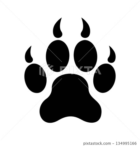 Pawprint with claws of cat or dor, lion or panther isolated on white background. Wet or muddy wild animal footprint on snow or ground. Mammal step silhouette. Vector graphic illustration 134995166