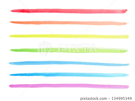 Decorative hand-painted watercolor single line set of 7 colors (red, orange, yellow, yellow-green, light blue, blue, purple) 134995349
