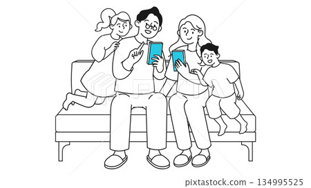 Line drawing illustration of a family consulting and sharing information on a smartphone. Character representation depicting everyday life and digital services. 134995525