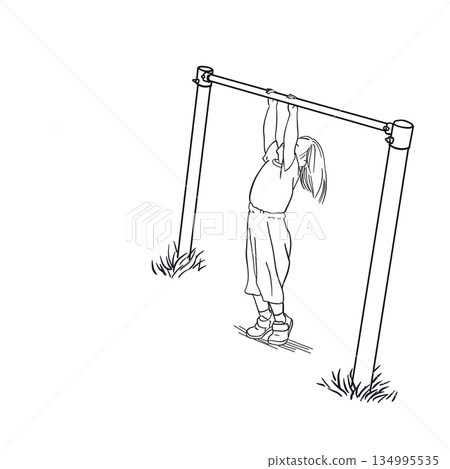 一幅兒童懸掛在橫桿上的線畫 一幅兒童懸掛在橫桿上的線畫 134995535
