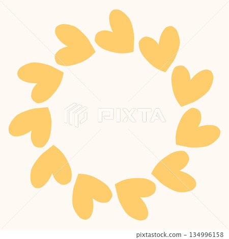 Simple circular frame made of bold yellow heart shapes arranged in a clean, modern ring. Minimal and playful design perfect for Valentines Day, love themed graphics, cards, stickers, and invitations 134996158