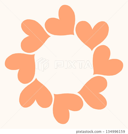 Simple circular frame made of bold pink heart shapes arranged in a clean, modern ring. Minimal and playful design perfect for Valentines Day, love themed graphics, cards, stickers, and invitations 134996159