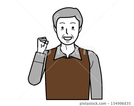 Front view. Elderly man in shirt and vest making a fist pump. Front view. Elderly man in shirt and vest making a fist pump. 134996835