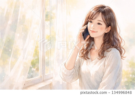 Woman talking on the phone by the window, copy space, watercolor style, AI generated 134996848