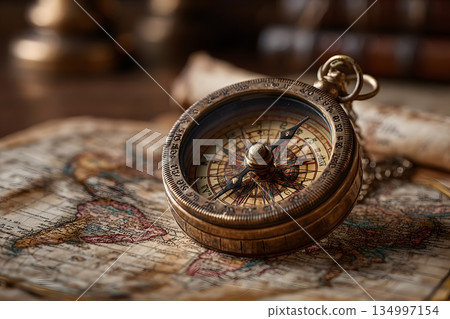 Antique compass and old map 134997154