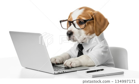 一張狗狗使用電腦的商務圖片 | 幽默，辦公室，白色背景 134997171