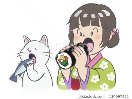 節分日，一個女孩在吃江方卷，一隻貓在吃魚。 134997421