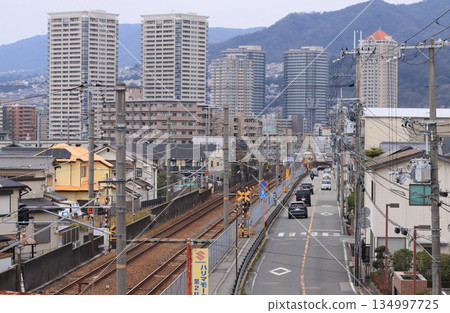 Railway tracks and scenery near Mefu Shrine in Takarazuka City Railway tracks and scenery near Mefu Shrine in Takarazuka City 134997725