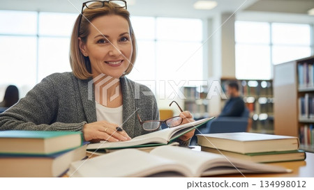 Smiling blonde European woman wearing gray cardigan reading books at library table with glasses and open textbooks for academic research study 134998012