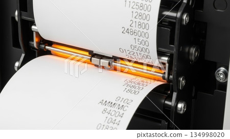 Thermal receipt printer printing financial data numbers on white paper roll with glowing orange heating element closeup 134998020