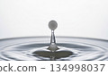 Water drop splash creating perfect spherical droplet with concentric ripples on liquid surface macro photography 134998037